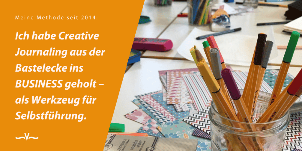 Zitatkarte von Stefanie Voss: „Seit 2014: Ich habe Creative Journaling aus der Bastelecke ins Business geholt – als Werkzeug für Selbstführung.“ Daneben Fineliner und Designpapier aus einem Workshop