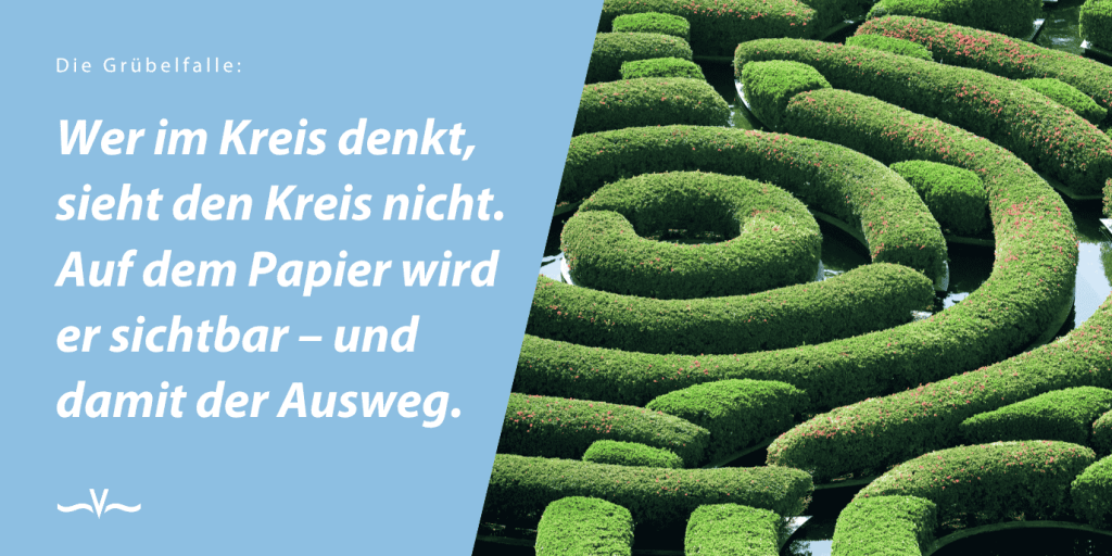Zitatkarte von Stefanie Voss: „Wer im Kreis denkt, sieht den Kreis nicht. Auf dem Papier wird er sichtbar – und damit der Ausweg.“ Daneben ein spiralförmiges Heckenlabyrinth